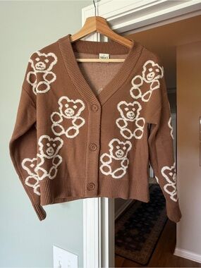 Cozy Brown Teddy Print V-Neck Cardigan Sweater